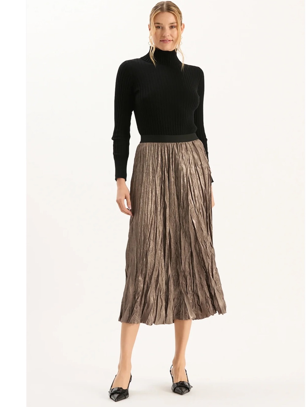 Tyler Boe Metallic Crinkled Bronze Midi Skirt Size XS
